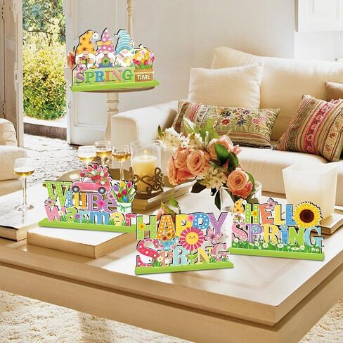 4 قطع من ديكورات الربيع قطع مركزية للطاولة الخشبية، ديكورات طاولة مرحبًا بالربيع، شاحنة زهرة جنوم، ديكور سطح الطاولة الخشبي على شكل فراشة للمنزل والمكتب والمزرعة وديكور الطاولة in Kuwait