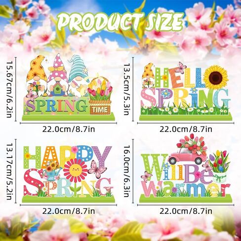 4 قطع من ديكورات الربيع قطع مركزية للطاولة الخشبية، ديكورات طاولة مرحبًا بالربيع، شاحنة زهرة جنوم، ديكور سطح الطاولة الخشبي على شكل فراشة للمنزل والمكتب والمزرعة وديكور الطاولة in Kuwait