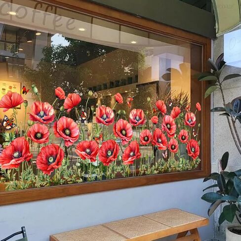 Removable Red Flower Window Clings Spring Floral & Butterfly Window Stickers Static Cling Decals Living Room Bedroom Window Decor (Red) in Saudi Arabia