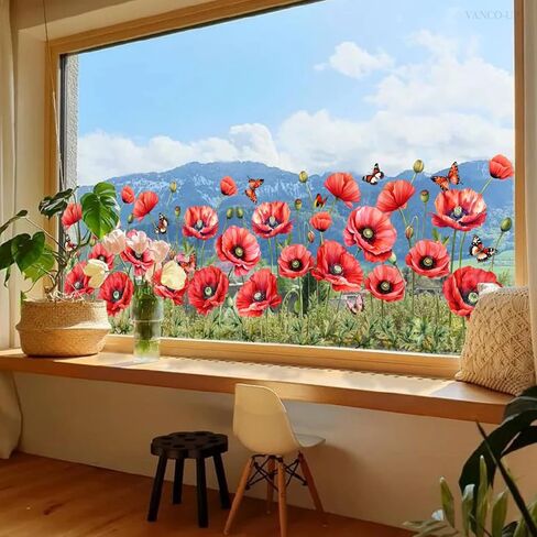 Removable Red Flower Window Clings Spring Floral & Butterfly Window Stickers Static Cling Decals Living Room Bedroom Window Decor (Red) in Saudi Arabia