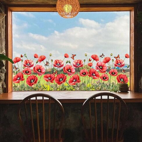 Removable Red Flower Window Clings Spring Floral & Butterfly Window Stickers Static Cling Decals Living Room Bedroom Window Decor (Red) in Saudi Arabia