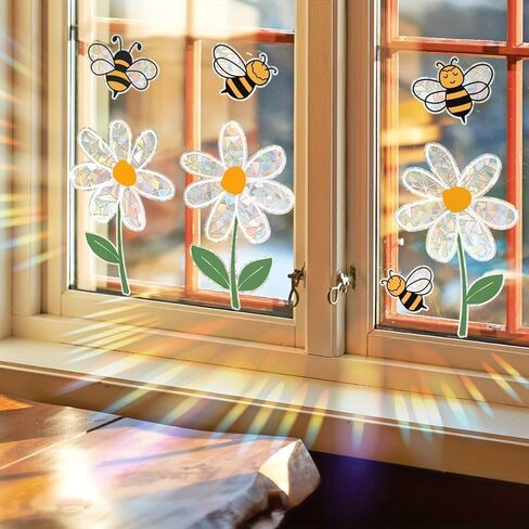 ملصق نافذة ثابت على شكل نحلة زهرية، ملصق PVC قابل لإعادة الاستخدام مع نمط قرص العسل الأقحواني لديكور المنزل، 11.81 × 16.54 بوصة in Saudi Arabia