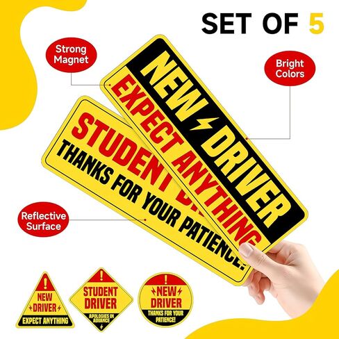 5 Pcs Student Driver Magnet for Car, 2 Large & 3 Small New Driver Magnets, High-Visibility Please Be Patient Student Driver Magnet Sign for All Vehicles in Kuwait
