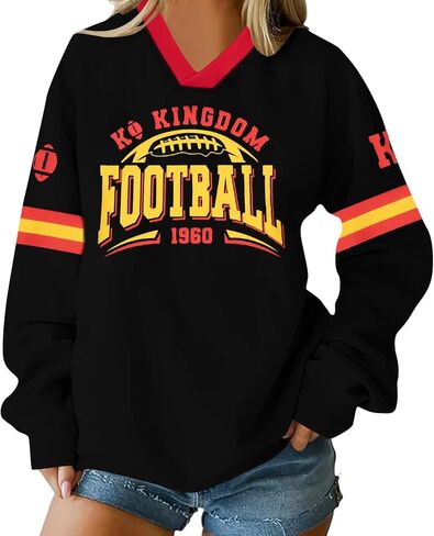 MYHALF Jersey Shirts for Women Football Fans Sweatshirt Game Day Outfits Sunday Funday Pullover V Neck Y2k Streetwear Tops in Saudi Arabia
