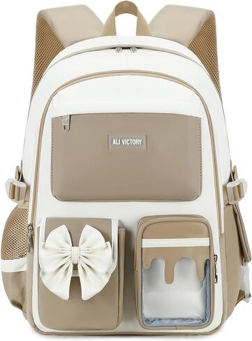 حقيبة ظهر للكمبيوتر المحمول مقاس 16 بوصة للأطفال في المرحلة الابتدائية والمتوسطة والثانوية وحقائب ظهر للكلية والنساء والعمل وحقيبة ظهر للسفر وحقيبة كتب كبيرة بعقدة على شكل فيونكة للمراهقات والبنات والطالبات (وردي) in Kuwait