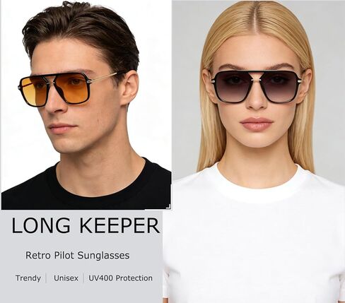 Long Keeper Retro Square Sunglasses for Women Men Aviation Trendy Sunglasses Vintage Double Bridge Tinted 90s Sun Glasses in Saudi Arabia