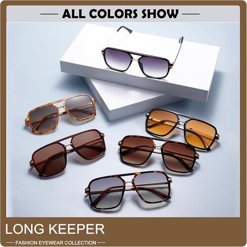 Long Keeper Retro Square Sunglasses for Women Men Aviation Trendy Sunglasses Vintage Double Bridge Tinted 90s Sun Glasses in Saudi Arabia
