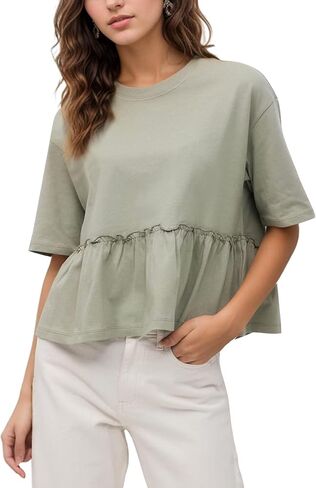 Women Summer Short Sleeve T-Shirts Oversized Dressy Casual Work Blouses Cropped Cute Ruffle Babydoll Peplum Tops in Kuwait