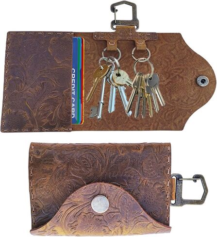 محفظة منظم مصنوعة يدويًا من الجلد الطبيعي للمفاتيح والنقود وبطاقات الائتمان وحامل مفاتيح وظيفي للرجال والنساء (نمط الغرز، طباعة بني) in Kuwait