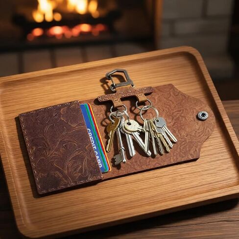 محفظة منظم مصنوعة يدويًا من الجلد الطبيعي للمفاتيح والنقود وبطاقات الائتمان وحامل مفاتيح وظيفي للرجال والنساء (نمط الغرز، طباعة بني) in Kuwait