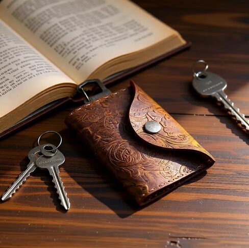 محفظة منظم مصنوعة يدويًا من الجلد الطبيعي للمفاتيح والنقود وبطاقات الائتمان وحامل مفاتيح وظيفي للرجال والنساء (نمط الغرز، طباعة بني) in Kuwait