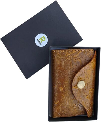 محفظة منظم مصنوعة يدويًا من الجلد الطبيعي للمفاتيح والنقود وبطاقات الائتمان وحامل مفاتيح وظيفي للرجال والنساء (نمط الغرز، طباعة بني) in Kuwait