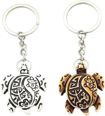 Caiyao 2PCS Hawaiian Protection Lucky Amulet Charms Keychain Tiki Turtles Tortoise Caved Satue Key Ring for Men Women in Saudi Arabia
