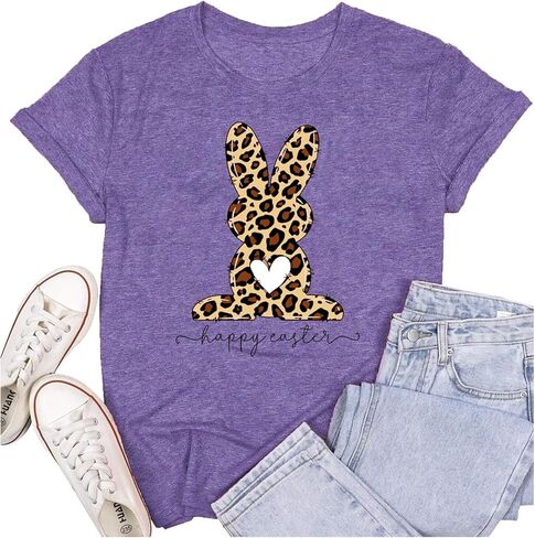 Easter Day Shirts for Women Leopard Bunny T-Shirt Spring Easter Tee Tops in Saudi Arabia