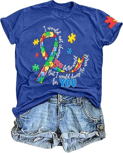 MYHALF Women Autism Awareness Shirt Teacher Autism Shirts Autism Mom Tshirt Blue Ribbon Graphic Tee Tops in Saudi Arabia