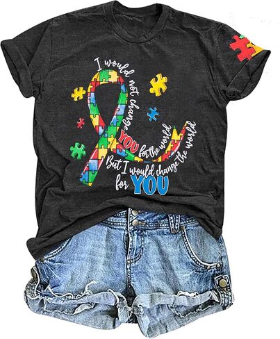 MYHALF Women Autism Awareness Shirt Teacher Autism Shirts Autism Mom Tshirt Blue Ribbon Graphic Tee Tops in Saudi Arabia