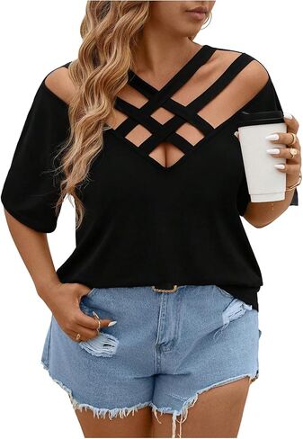 SOLY HUX Women's Plus Size T Shirt V Neck Criss Cross Cut Out Short Sleeve Tee Summer Casual Tops in Saudi Arabia