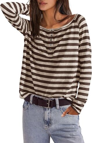 Nirovien Womens Striped Henley Shirts Oversized Long Sleeve T Shirts Casual Pullover Spring Tops Basic Tees in Kuwait