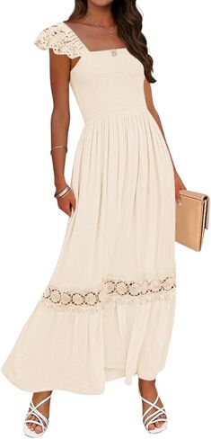 ZESICA Women's Summer Lace Strap Sleeveless Square Neck Smocked High Waist Ruffle Hollow Out Flowy A Line Maxi Dress in Kuwait