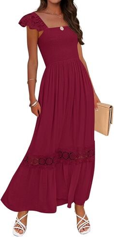 ZESICA Women's Summer Lace Strap Sleeveless Square Neck Smocked High Waist Ruffle Hollow Out Flowy A Line Maxi Dress in Saudi Arabia