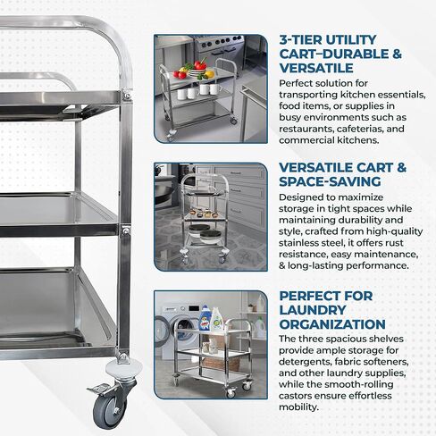 Commercial Stainless Steel Utility Cart on Wheels – 38" x 20" | 3 Shelf Metal Rolling Kitchen Storage Cart | Heavy-Duty | NSF Certified in Kuwait
