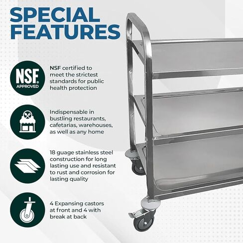 Commercial Stainless Steel Utility Cart on Wheels – 38" x 20" | 3 Shelf Metal Rolling Kitchen Storage Cart | Heavy-Duty | NSF Certified in Kuwait