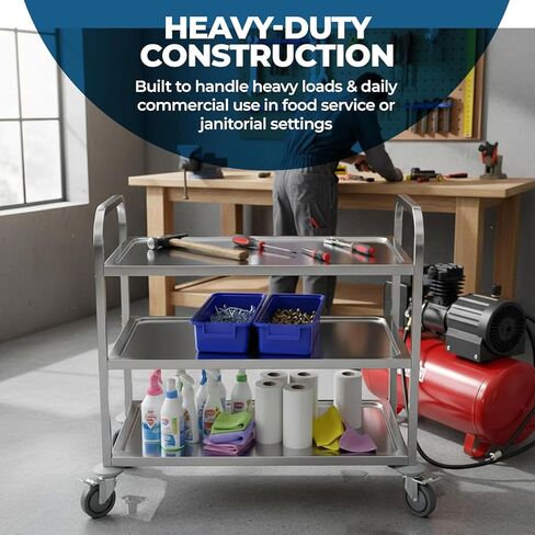 Commercial Stainless Steel Utility Cart on Wheels – 38" x 20" | 3 Shelf Metal Rolling Kitchen Storage Cart | Heavy-Duty | NSF Certified in Kuwait