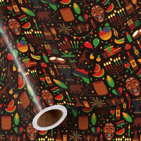 RUSPEPA Black History Month Wrapping Paper Roll, Mini Roll, 17 Inches x 16.4 Feet, Black, Green Red Yellow Geometry Pattern Design Gift Wrap Paper, Bright Colors for African BHM Festival Holiday Party in Saudi Arabia
