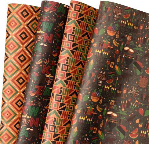RUSPEPA Black History Month Wrapping Paper Roll, Mini Roll, 17 Inches x 16.4 Feet, Black, Green Red Yellow Geometry Pattern Design Gift Wrap Paper, Bright Colors for African BHM Festival Holiday Party in Saudi Arabia