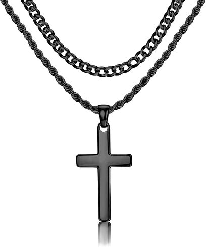 SAILIMUE Cross Necklace for Men - Layered Cross Chain Stainless Steel Crucifix Pendant Gold Black Silver 16-24 Inch - Snake Rope Cuban Link - Gift Box Included in Kuwait