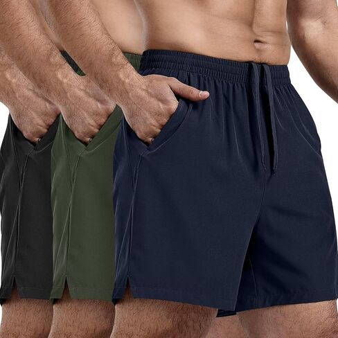 3 Pack Men's Athletic Running Shorts 5 Inch Gym Workout Shorts Quick Dry Active Sports Shorts with Zip Pockets(Black,Navy,Army Green,M) in Kuwait