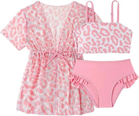 GORGLITTER Girl's Cute Swimsuits 3 Piece Leopard Print Ruffle Bathing Suits with Mesh Cover Up Kimonos Trendy in Saudi Arabia