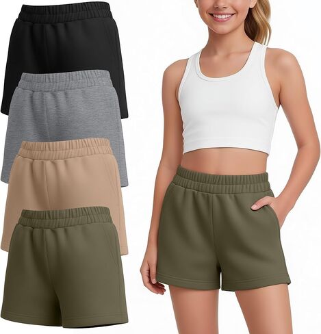 4 Pack Girl's Shorts Teen Athletic Shorts Elastic Waist Kids Summer Casual SweatShorts with Pockets 5-14 Year in Kuwait