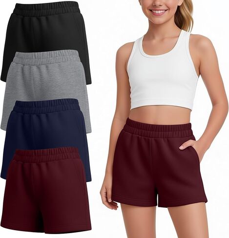 مجموعة من 4 شورتات رياضية للفتيات في سن المراهقة بخصر مطاطي للأطفال، شورتات رياضية صيفية غير رسمية مع جيوب من 5 إلى 14 سنة in Kuwait