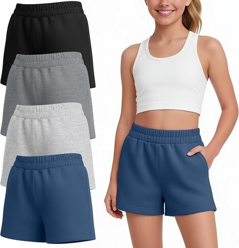 4 Pack Girl's Shorts Teen Athletic Shorts Elastic Waist Kids Summer Casual SweatShorts with Pockets 5-14 Year in Kuwait
