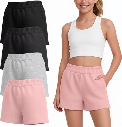 4 Pack Girl's Shorts Teen Athletic Shorts Elastic Waist Kids Summer Casual SweatShorts with Pockets 5-14 Year in Kuwait