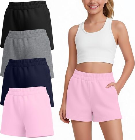 4 Pack Girl's Shorts Teen Athletic Shorts Elastic Waist Kids Summer Casual SweatShorts with Pockets 5-14 Year in Kuwait
