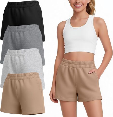 4 Pack Girl's Shorts Teen Athletic Shorts Elastic Waist Kids Summer Casual SweatShorts with Pockets 5-14 Year in Kuwait