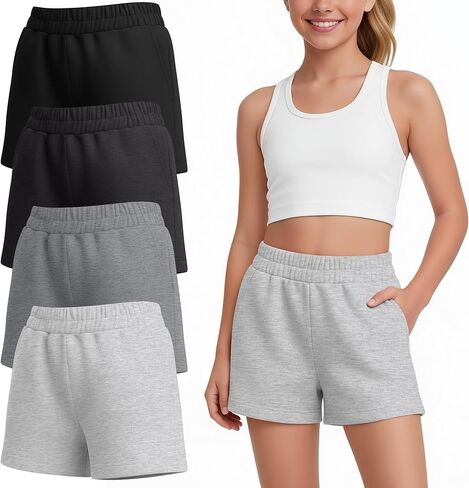 4 Pack Girl's Shorts Teen Athletic Shorts Elastic Waist Kids Summer Casual SweatShorts with Pockets 5-14 Year in Kuwait