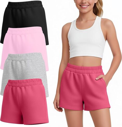 4 Pack Girl's Shorts Teen Athletic Shorts Elastic Waist Kids Summer Casual SweatShorts with Pockets 5-14 Year in Kuwait