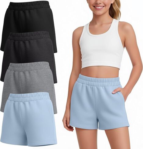 4 Pack Girl's Shorts Teen Athletic Shorts Elastic Waist Kids Summer Casual SweatShorts with Pockets 5-14 Year in Kuwait
