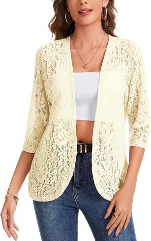 Floral Lace Cardigans for Womens Casual Lightweight V Neck 3/4 Sleeve Open Front Cardigan Jackets in Kuwait