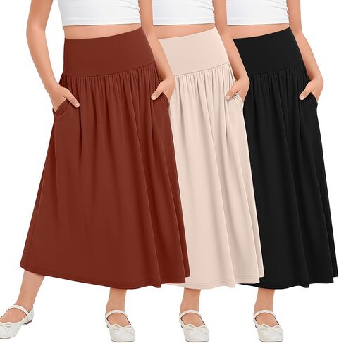 3 Pack Girls Maxi Long Skirt 5-16 Years Ankle Length High Waisted Flowy Pleated Summer Casual Skirts with Pockets in Kuwait