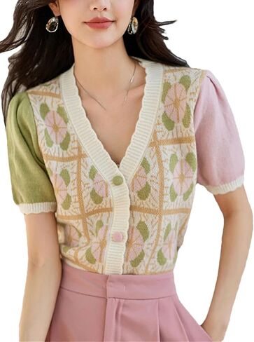 Women’S Slim Fit V-Neck Printed Patchwork Knitted T-Shirt Crop Top Short Sleeve Cardigan Sweater Casual Sweater in Saudi Arabia