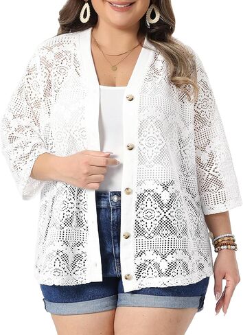 Agnes Orinda Plus Size Cardigan for Women V Neck 3/4 Sleeve Crochet Hollow Out Button Front Cover Up Casual Knit Cardigans in Saudi Arabia
