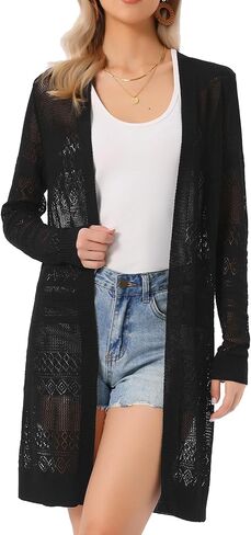 Allegra K Lightweight Crochet Longer Length Cardigan for Women Casual Open Front Summer Beach Coverups in Saudi Arabia