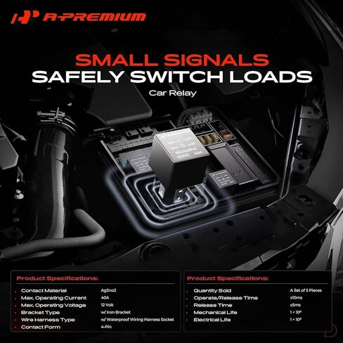 A-Premium 12V Relay 40A 4-Pin SPST مع مقبس أسلاك مقاوم للماء ودعامة حديدية متوافقة مع السيارات والشاحنات والقوارب البحرية (مجموعة من 5) in Saudi Arabia