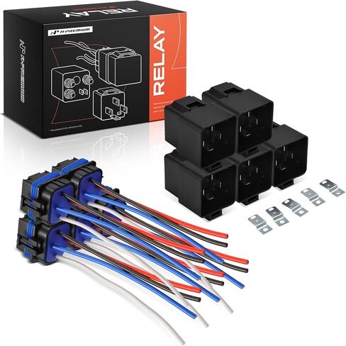 A-Premium 12V Relay 40A 4-Pin SPST مع مقبس أسلاك مقاوم للماء ودعامة حديدية متوافقة مع السيارات والشاحنات والقوارب البحرية (مجموعة من 5) in Saudi Arabia