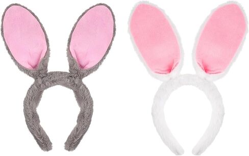 2PCS Easter Bunny Headbands,Adjustable Easter Bunny Ears,Plush Rabbit Animal Hairband,Grey & White Rabbit Ears Costume Accessories, Headpieces Gift for Adults Birthday Easter Cosplay in Kuwait