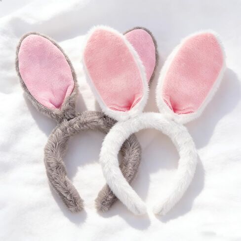 2PCS Easter Bunny Headbands,Adjustable Easter Bunny Ears,Plush Rabbit Animal Hairband,Grey & White Rabbit Ears Costume Accessories, Headpieces Gift for Adults Birthday Easter Cosplay in Kuwait
